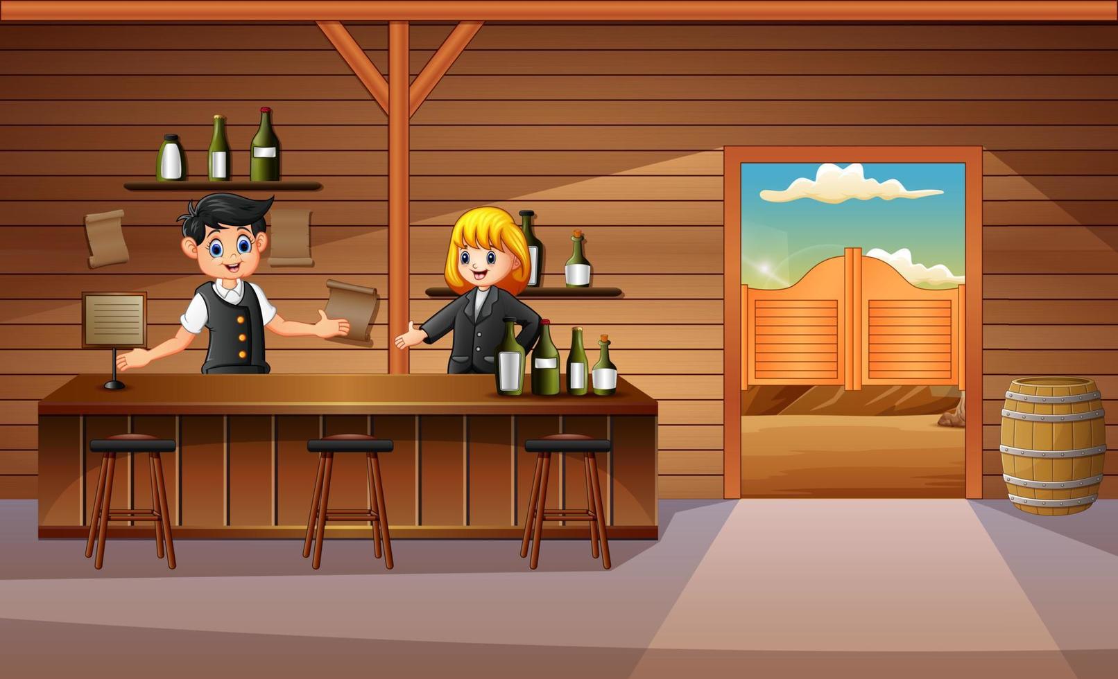 western bar interiör med bartenders bakom disk illustration vektor