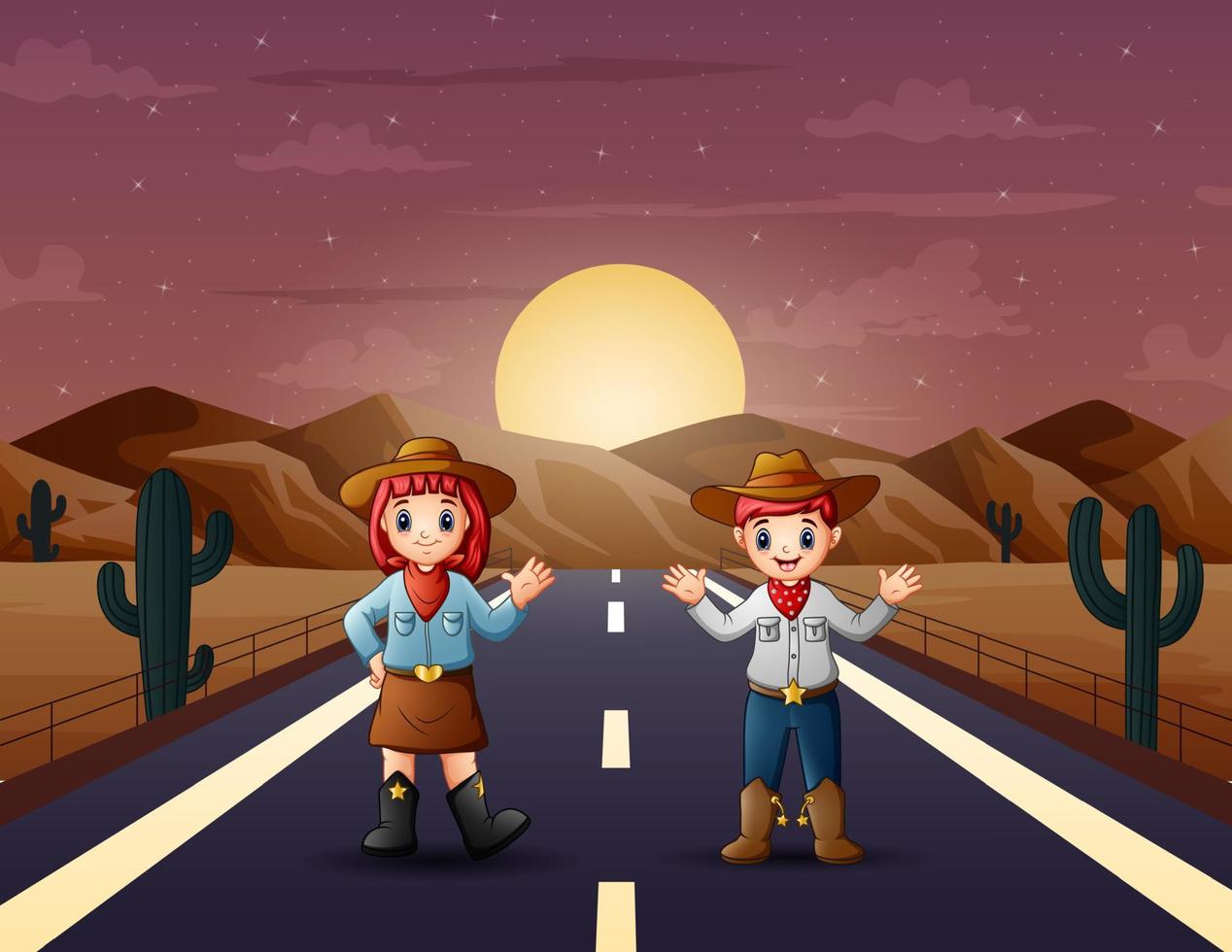ökenlandskap med en cowboy och cowgirl på bakgrund av kvällssolen vektor