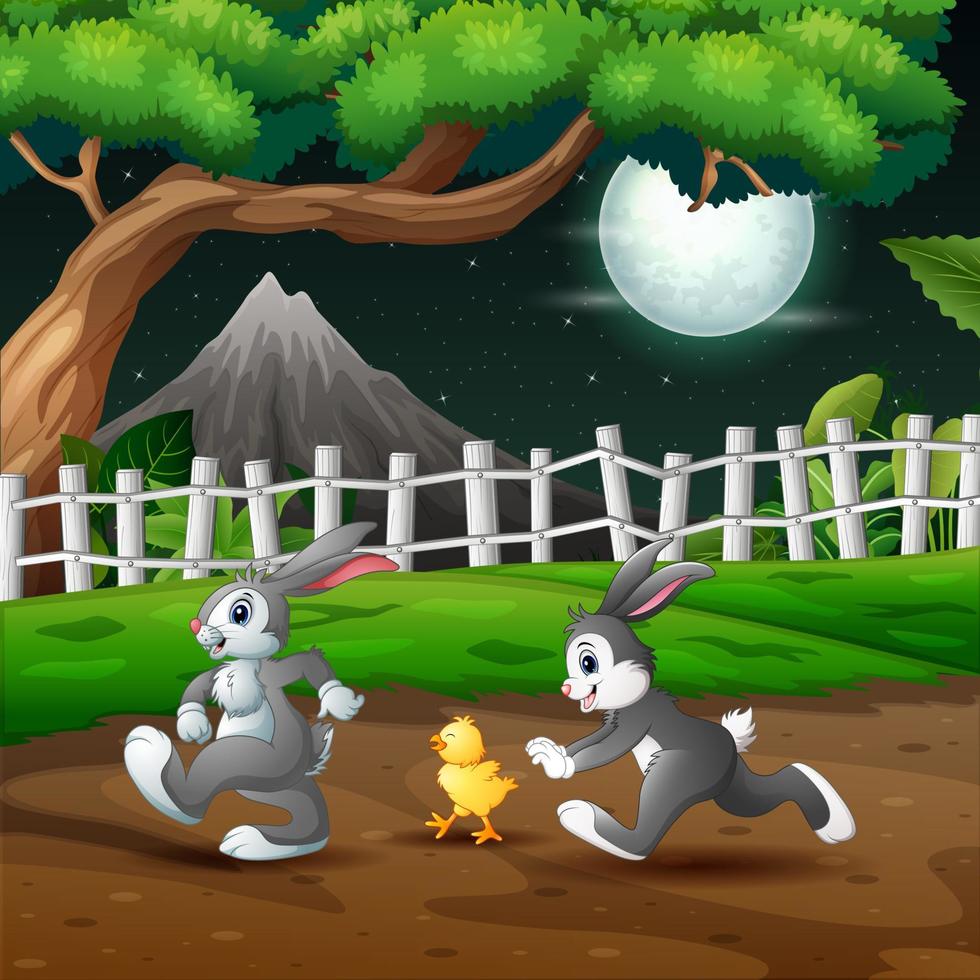 tecknade kaniner och brud leker på natten landskap vektor