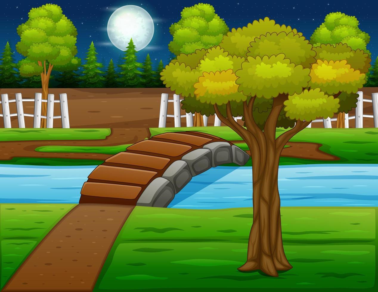 Hintergrundszene mit Flussbrücke und Bäumen bei Nacht vektor