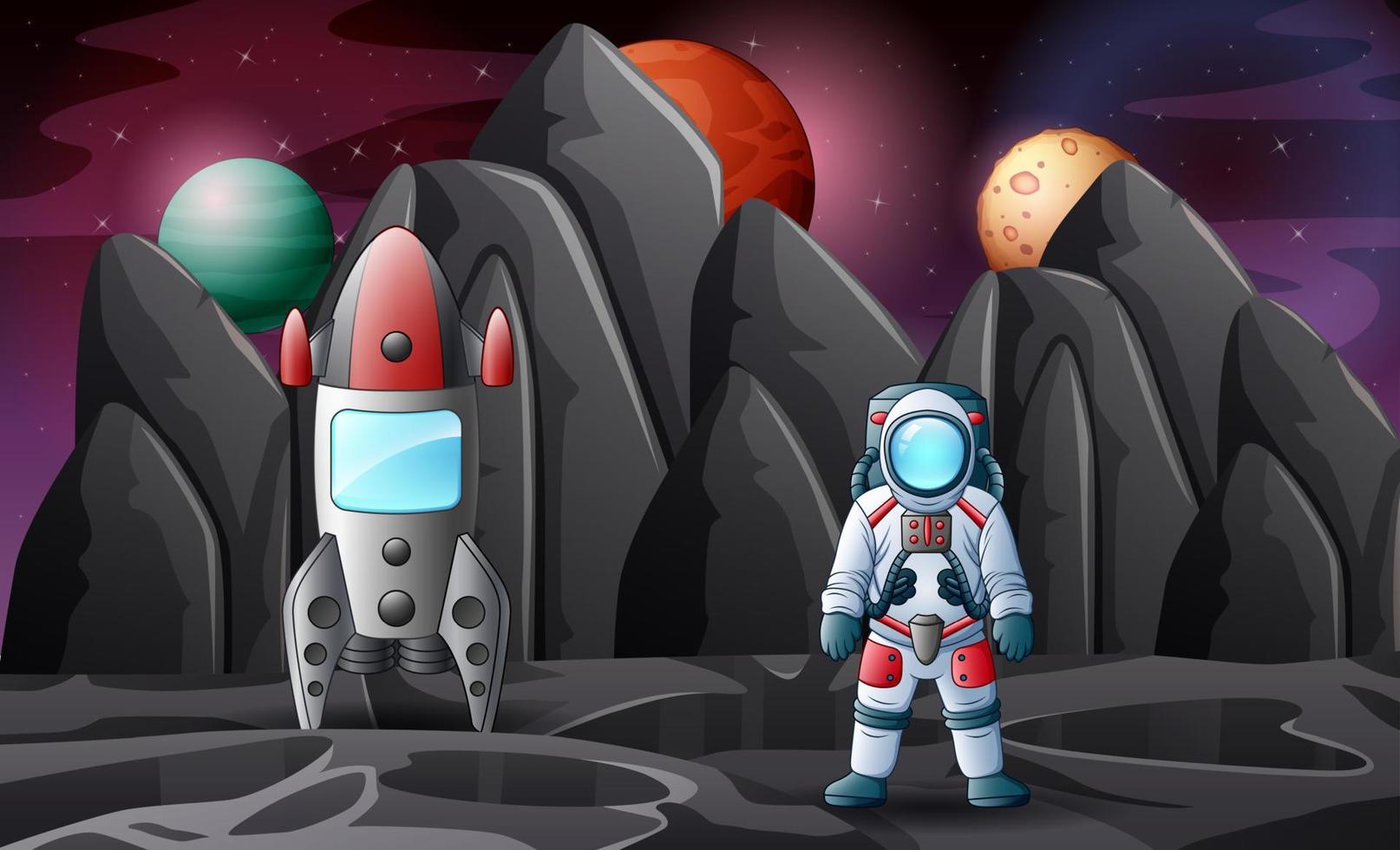 Cartoon-Astronauten erkunden den Weltraum mit Raketen vektor