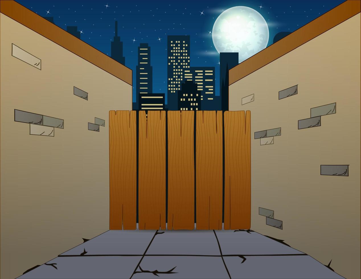 Blick auf die kleine Gasse mit Holzzaun und Stadtbild bei Nacht vektor