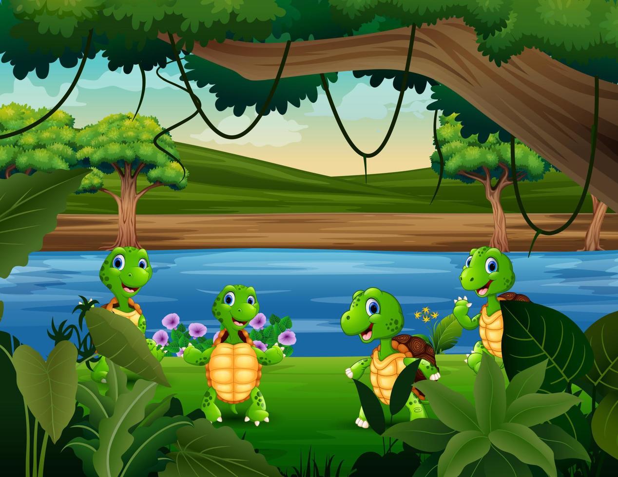 Illustration von niedlichen vier Schildkröten, die am Fluss spielen vektor