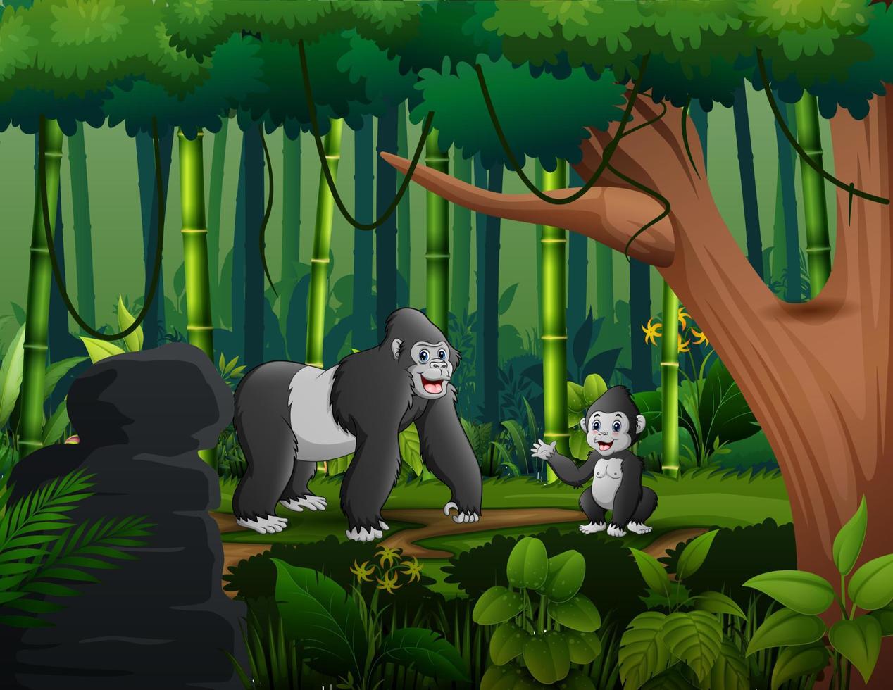 tecknad en gorilla med sin unge som bor i djungeln vektor