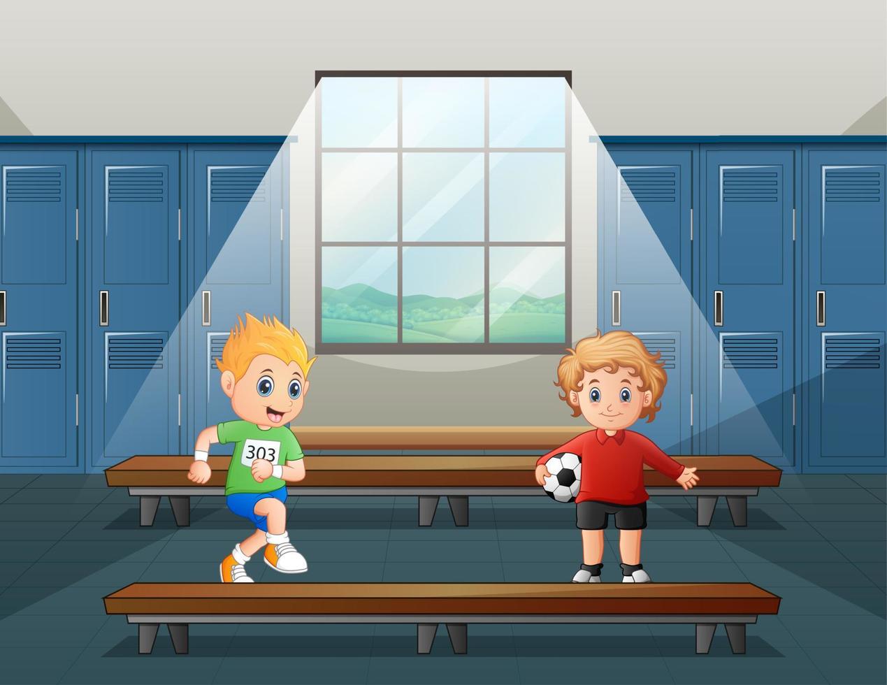 tecknade två pojkar gör sig redo att spela fotboll i omklädningsrummet vektor