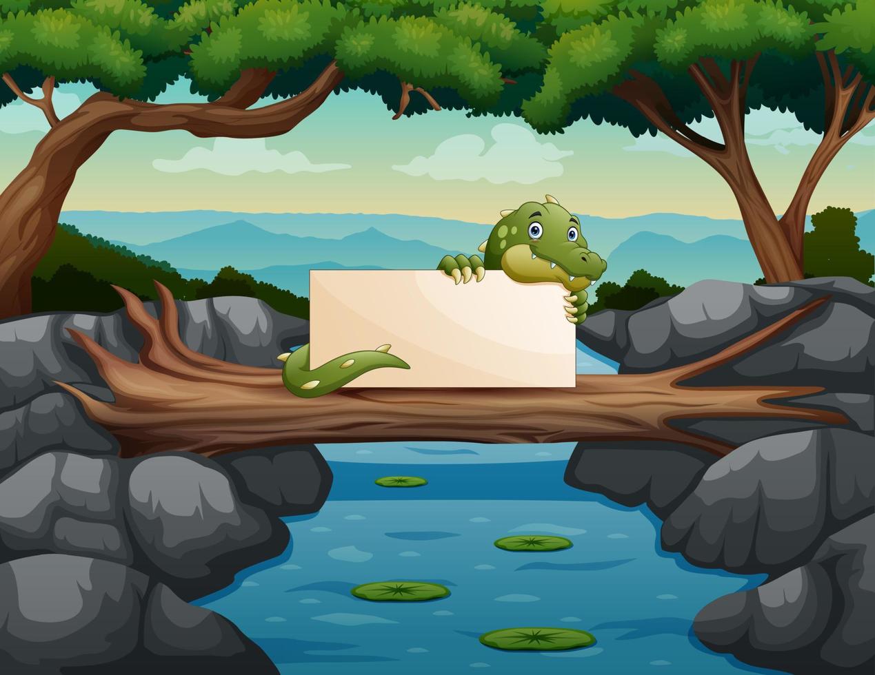 söt en krokodil som håller en tom skylt vid stammen ovanför den strömmande floden vektor