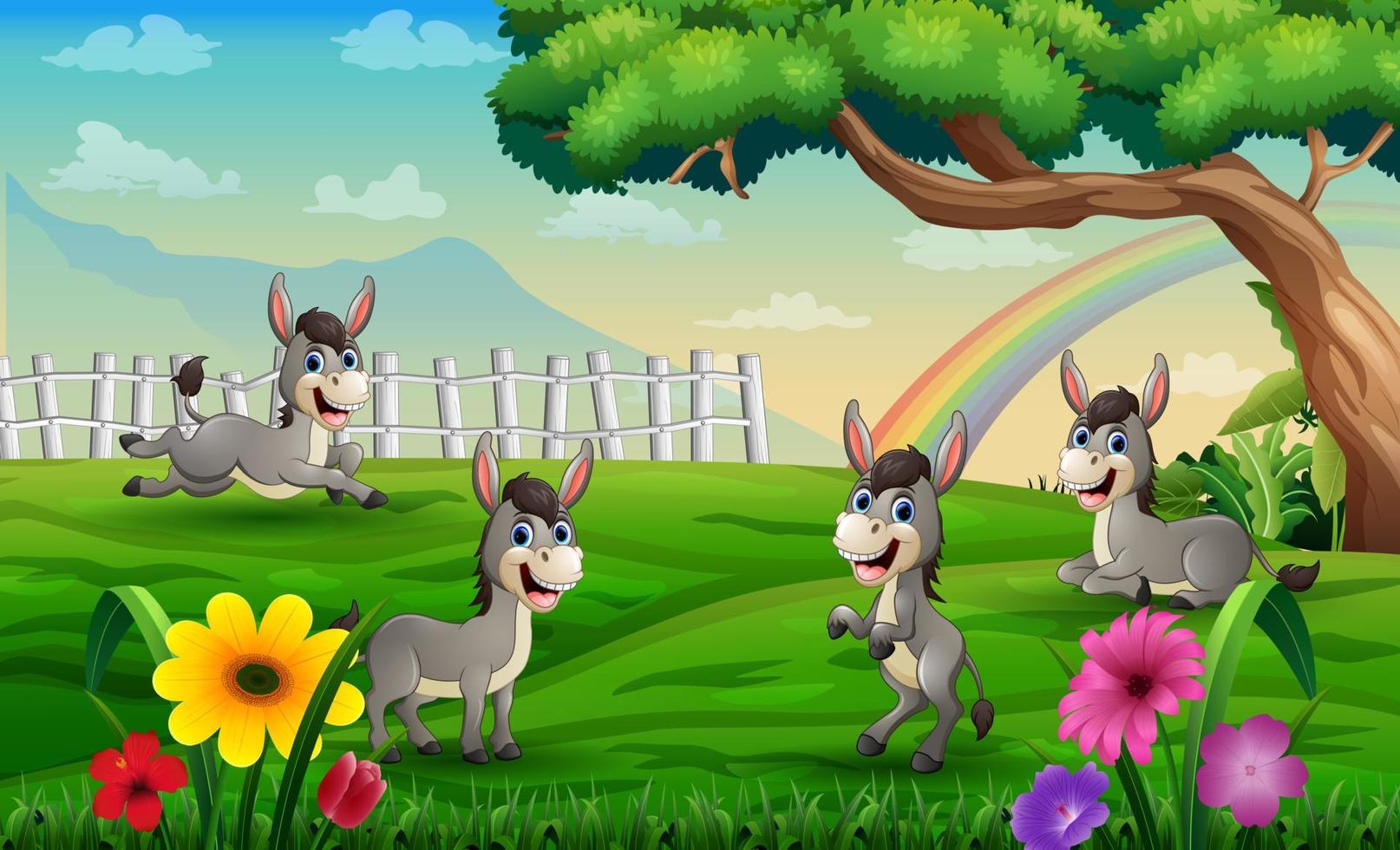 Vier Esel, die auf der Wiese auf einem Regenbogenhintergrund spielen vektor