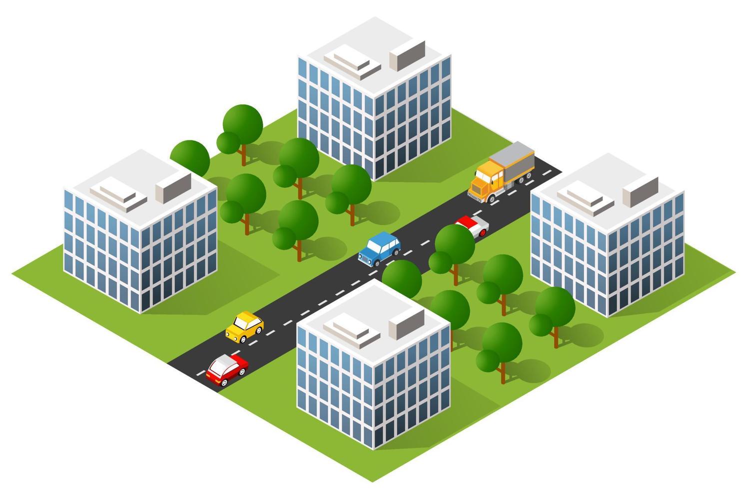 isometrische 3d-illustration stadtgebiet mit vielen häusern und wolkenkratzern, straßen, bäumen und fahrzeugen vektor