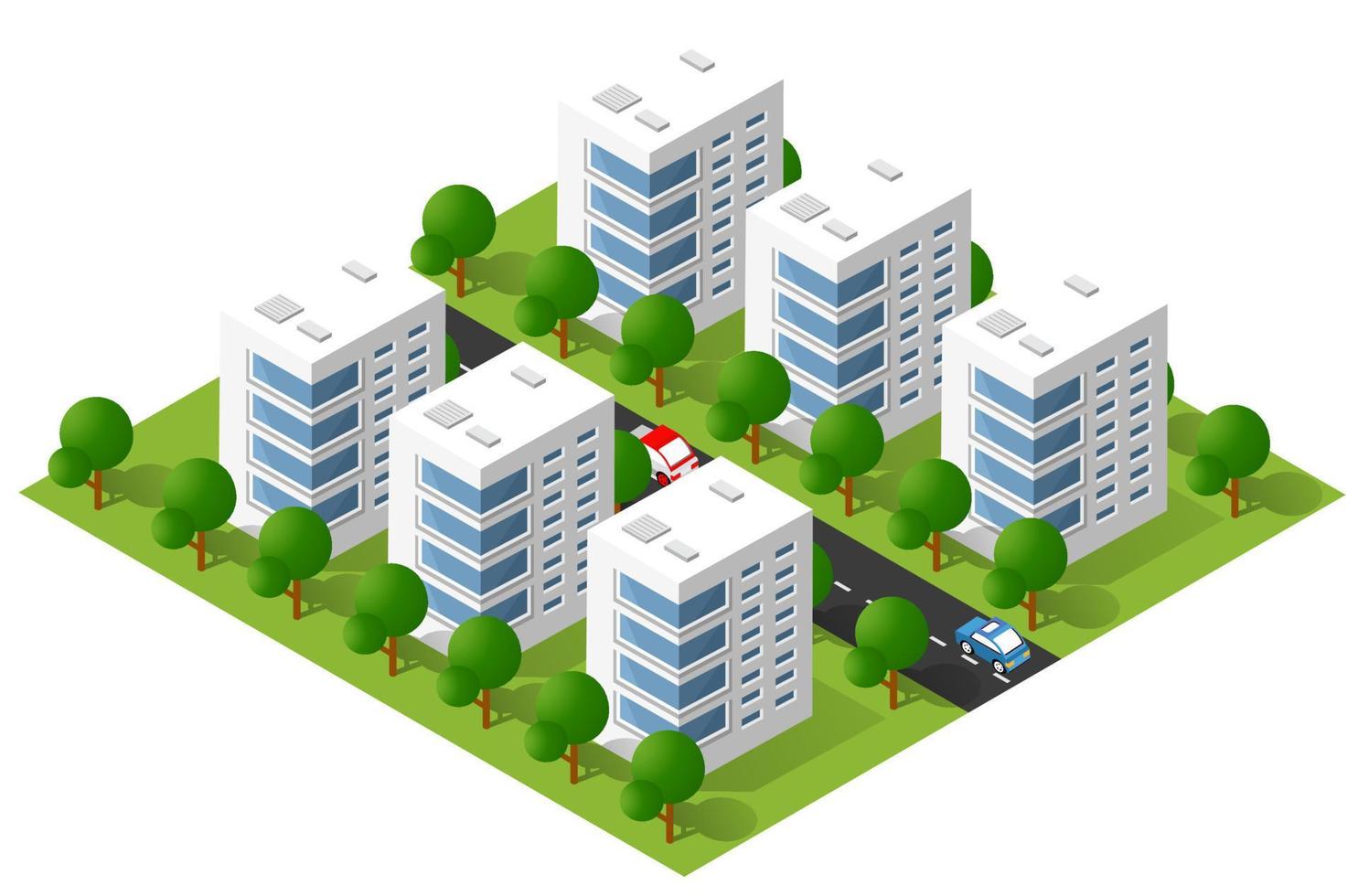 isometrische 3d-illustration stadtgebiet mit vielen häusern und wolkenkratzern, straßen, bäumen und fahrzeugen vektor