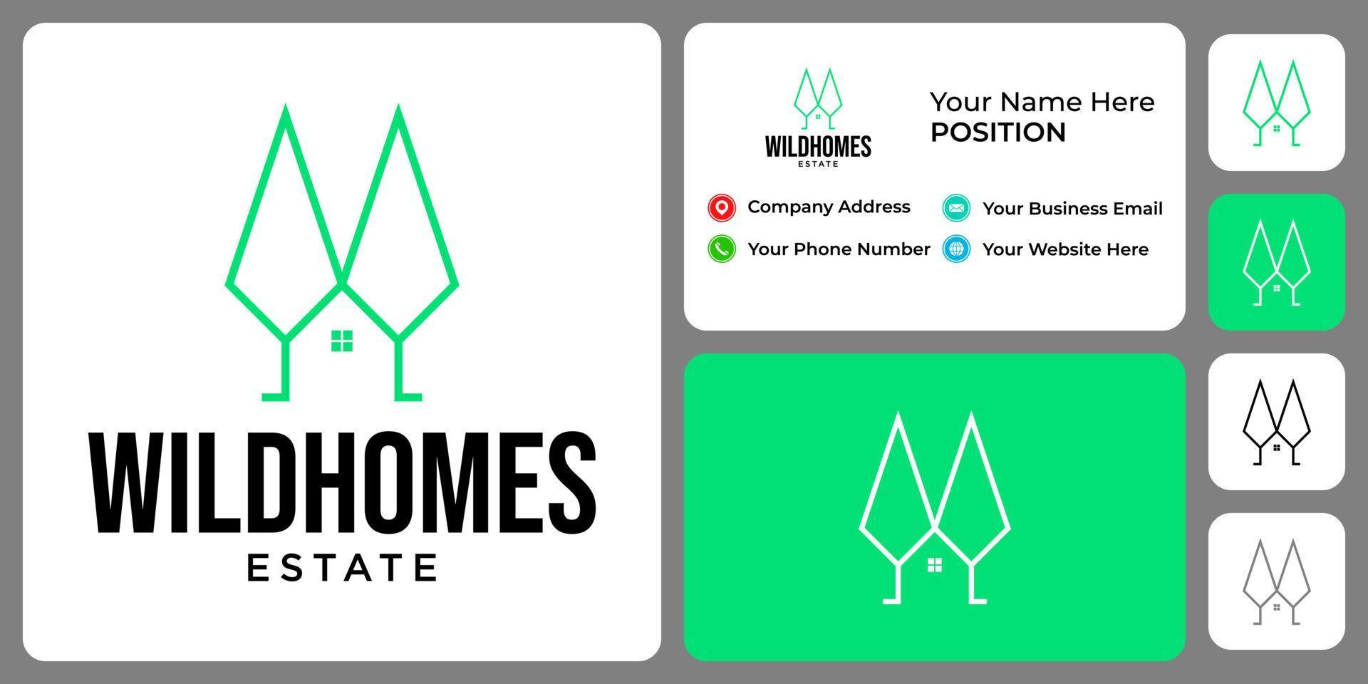 hem och träd logotyp design med visitkortsmall. vektor