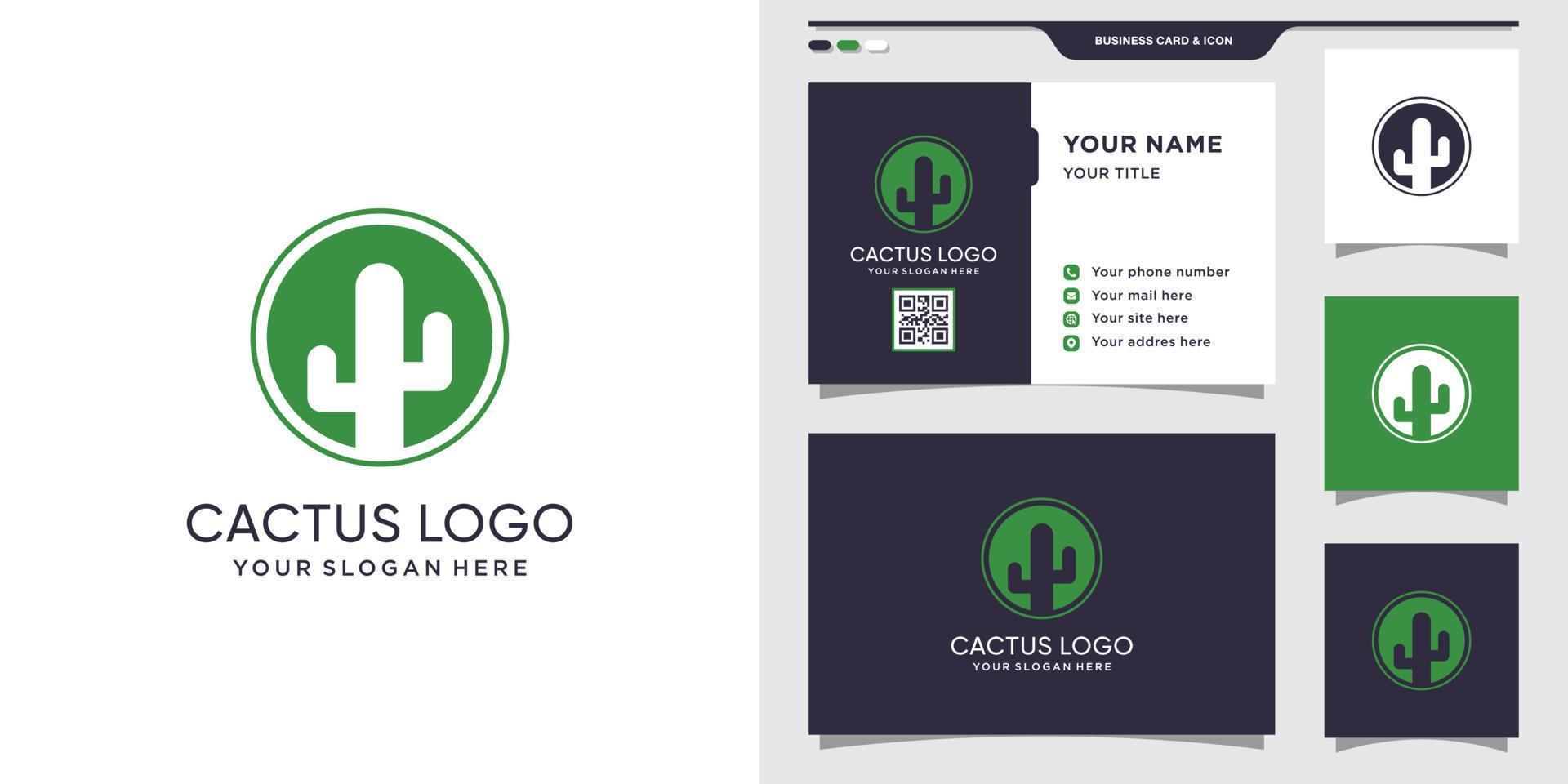 kaktus logotyp med cirkel koncept och visitkort design. kaktus logotyp formgivningsmall premium vektor