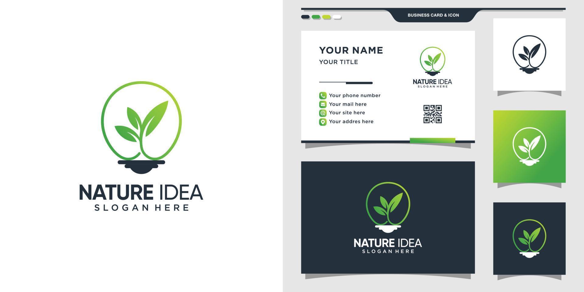 naturlogotyp kombinerad med glödlampsstil. natur idé logotyp och visitkort design premium vektor