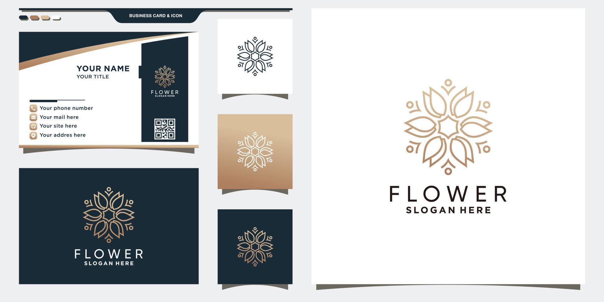 kreativ ros blomma logotyp mall med linjär stil och visitkort design vektor