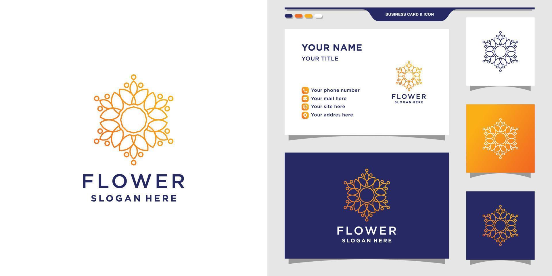 blomma logotyp mall med linjekonst stil och visitkort. logotypdesign för skönhet, kosmetika och spa. visitkort design premium vektor