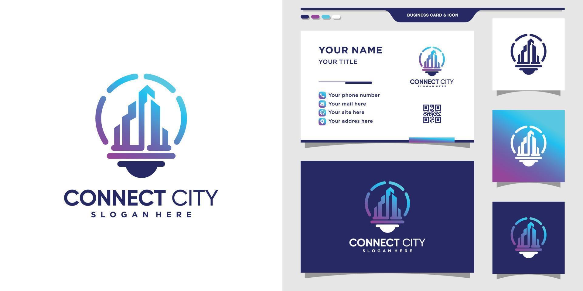Stadtlogo mit Glühbirnenstil und Visitenkartendesign. inspiration, illustration city tech logo premium vector