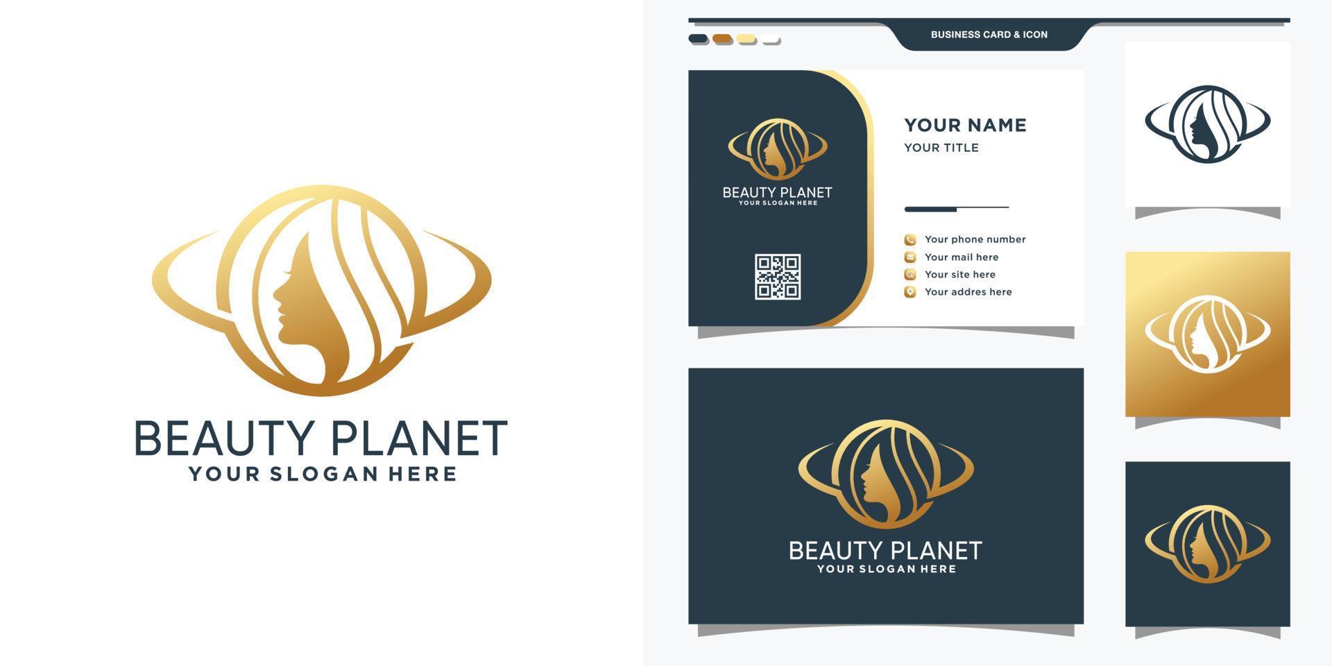 beauty planet logotyp formgivningsmall med kvinna ansikte och visitkort design vektor
