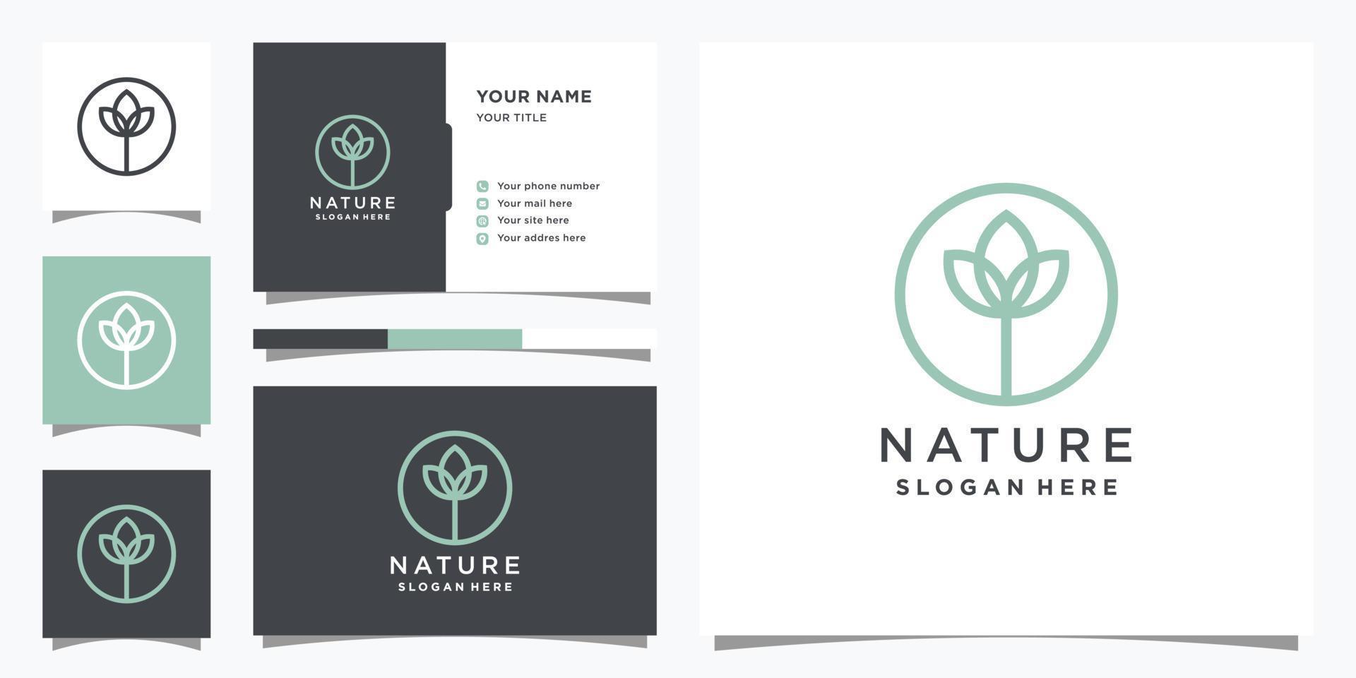 Natur-Logo-Design-Vorlage mit Linienkunststil und Visitenkarte. Logo-Design Premium-Vektor vektor