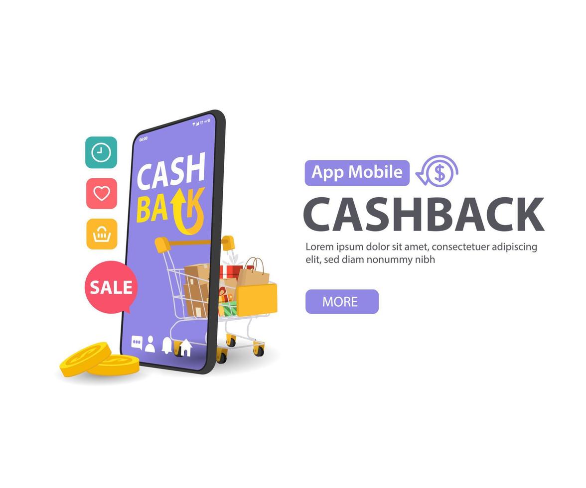 Cash-Back-Verkauf, Geldrückerstattungs-Icon-Konzept. Wagen und Münzstapel, Online-Zahlung auf dem Handy vektor