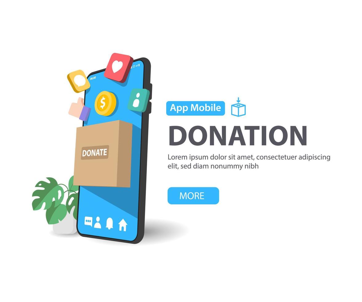 e-donation koncept.närbild av boxdonera gör en onlinedonation via mobiltelefon vektor