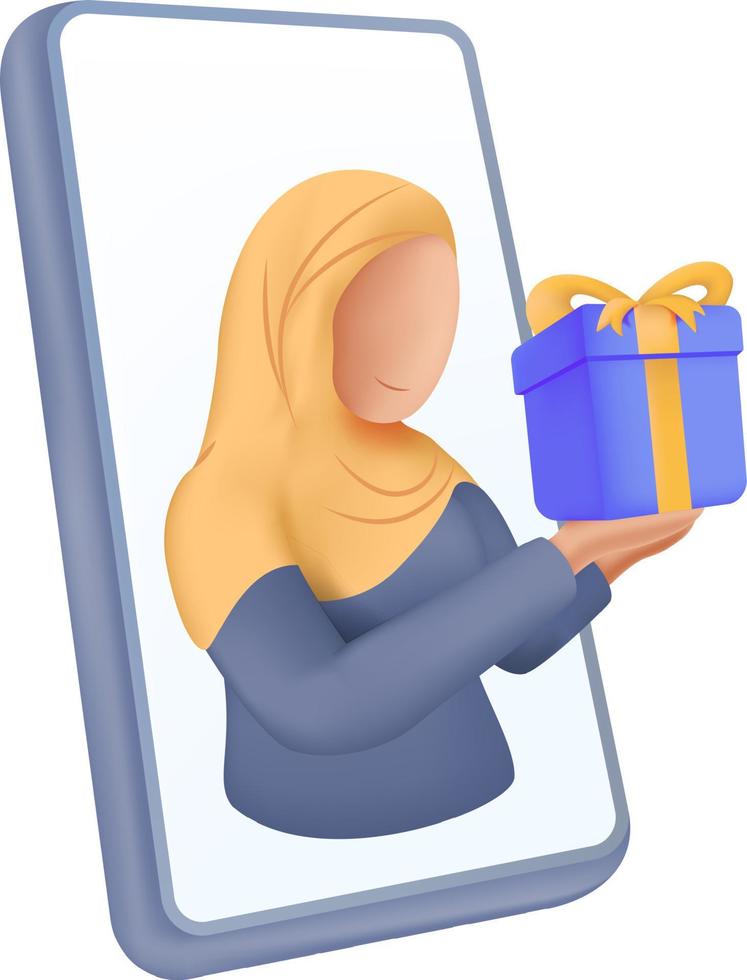 Hijabi-muslimische Frau, die Geschenk mit Smartphone-Vektor-3D-Illustration gibt vektor