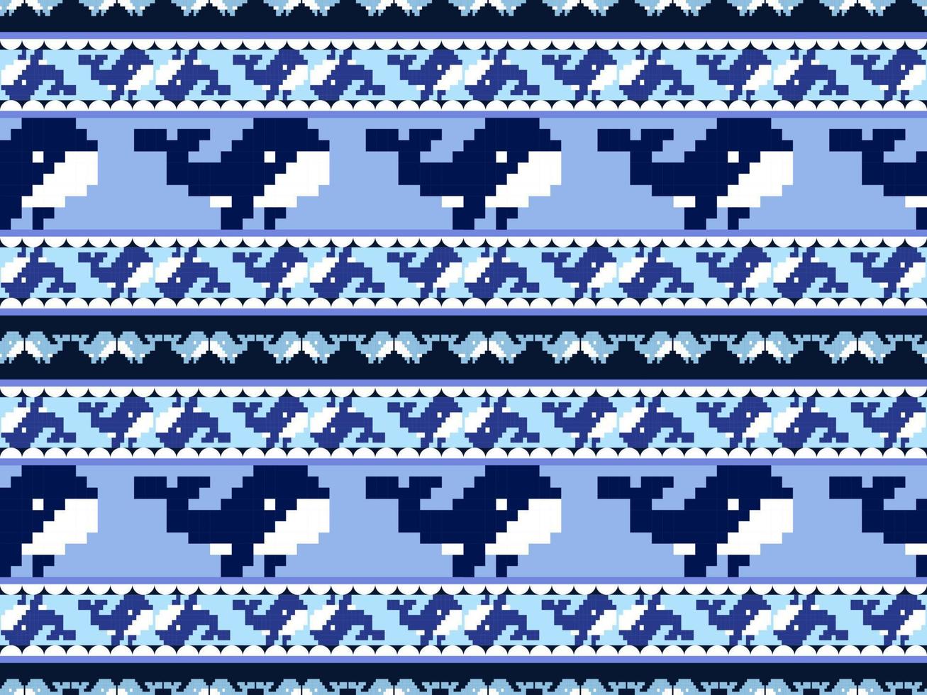 wal-zeichentrickfigur nahtloses muster auf blauem hintergrund. pixel-stil vektor