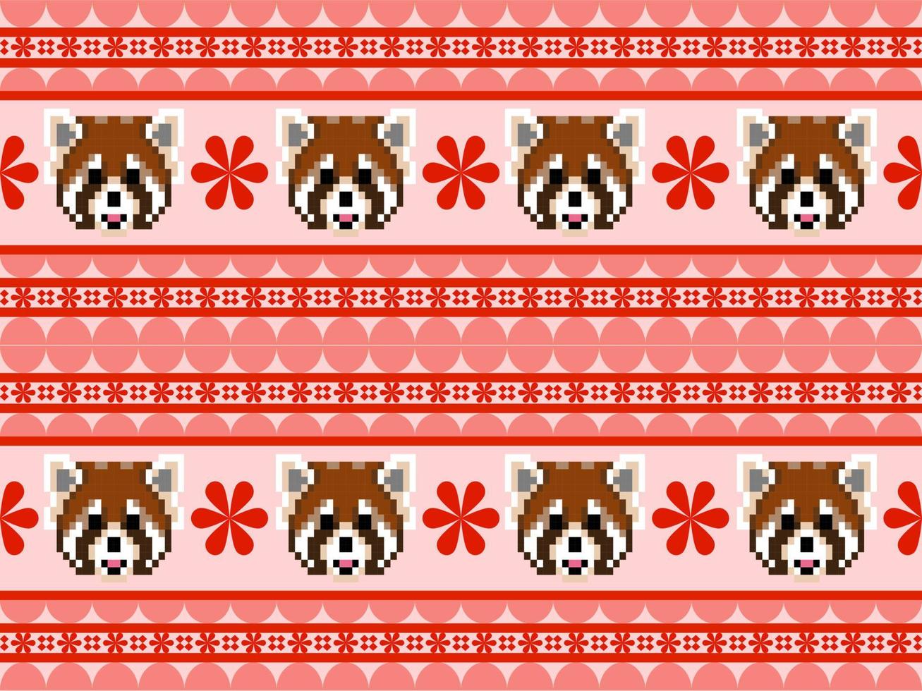 Roter Panda Zeichentrickfigur nahtloses Muster auf rotem Hintergrund. Pixel-Stil vektor
