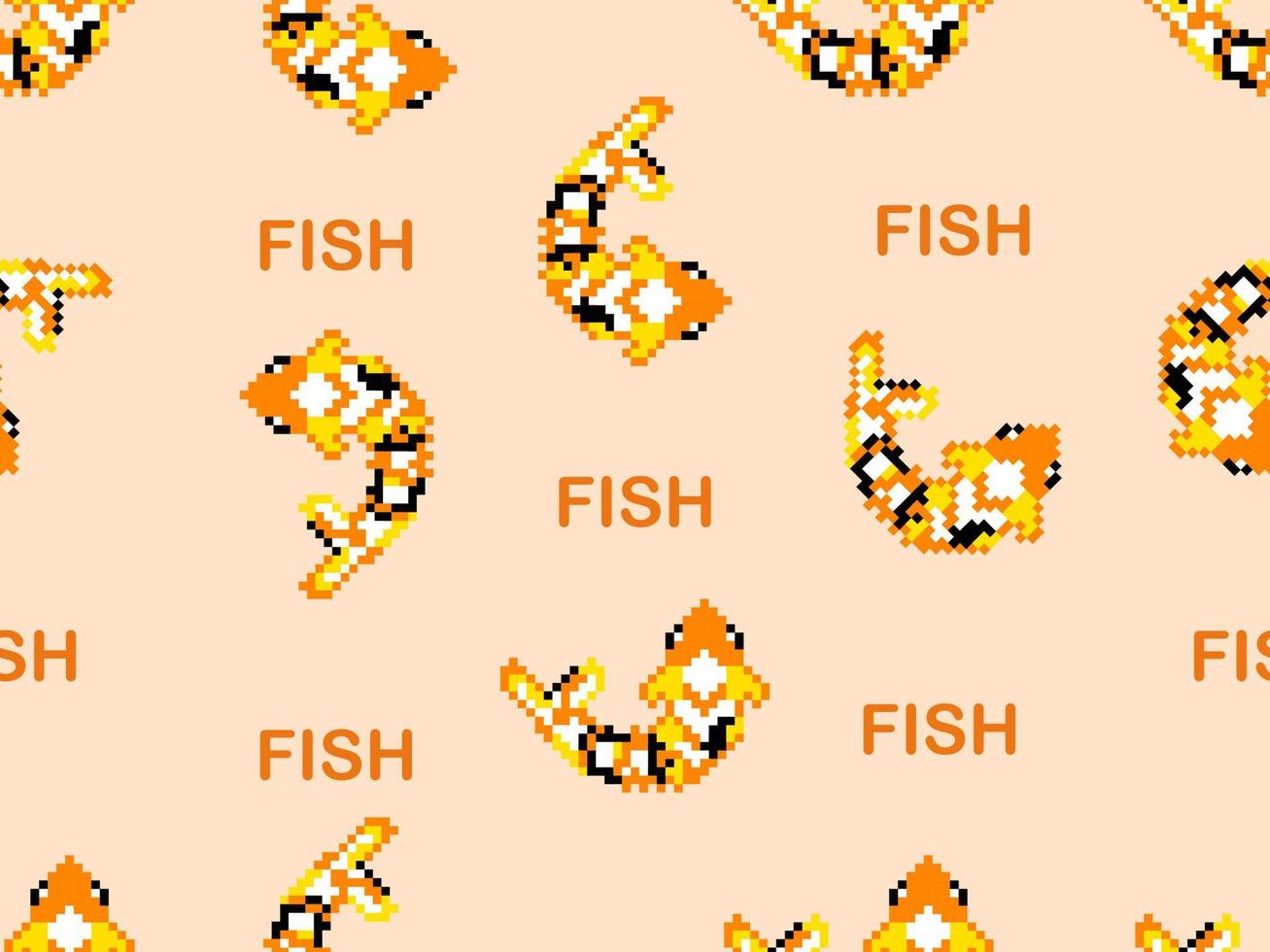 nahtloses muster der fischzeichentrickfigur auf orangefarbenem hintergrund. pixelart vektor