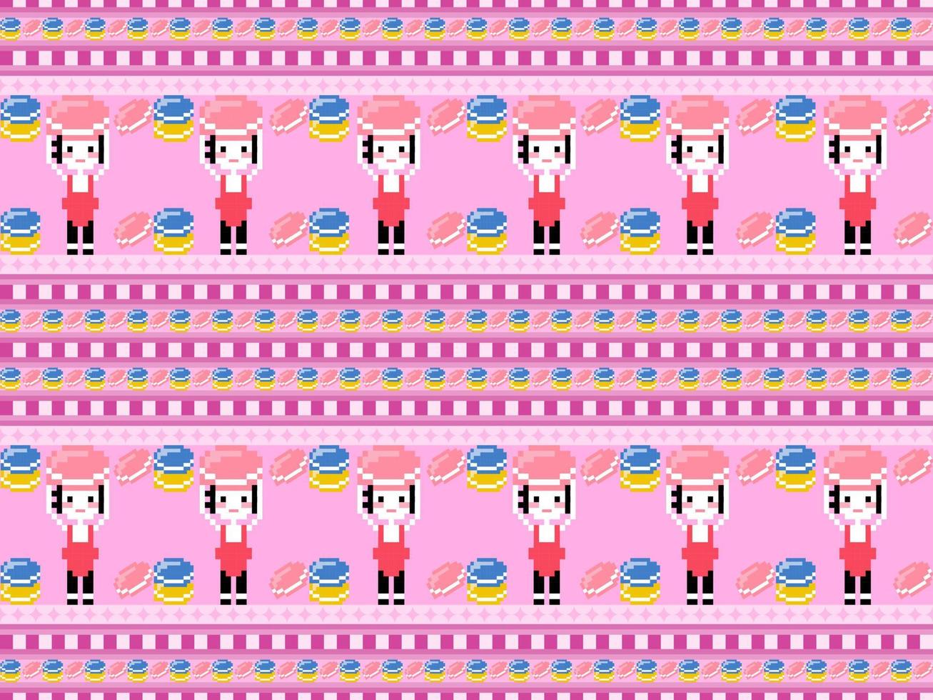 mädchen mit nahtlosem muster der macaron-karikaturfigur auf rosa hintergrund. pixelart vektor