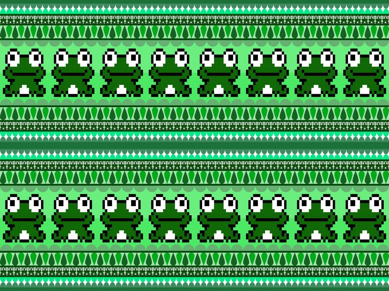 nahtloses muster der froschkarikaturfigur auf grünem hintergrund. Pixel-Stil vektor