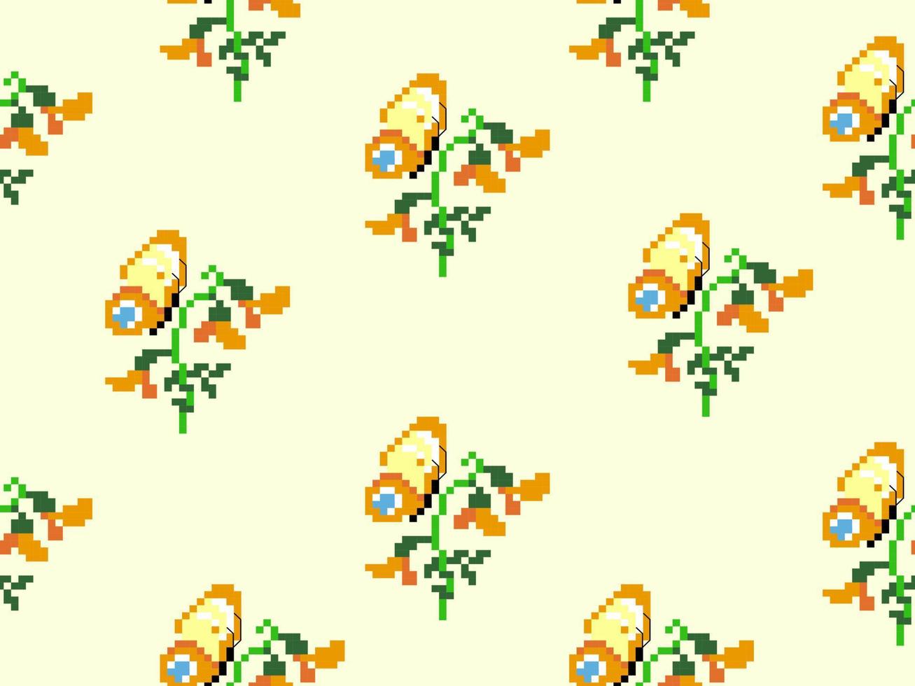 fjäril och blomma seriefigur seamless mönster på gul background.pixel stil vektor