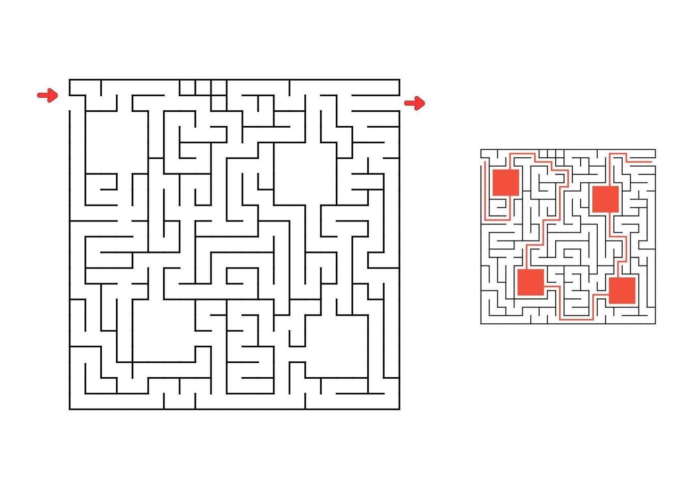 kvadratisk labyrint med svar. spel för barn. pussel för barn. labyrint gåta. hitta rätt väg. vektor