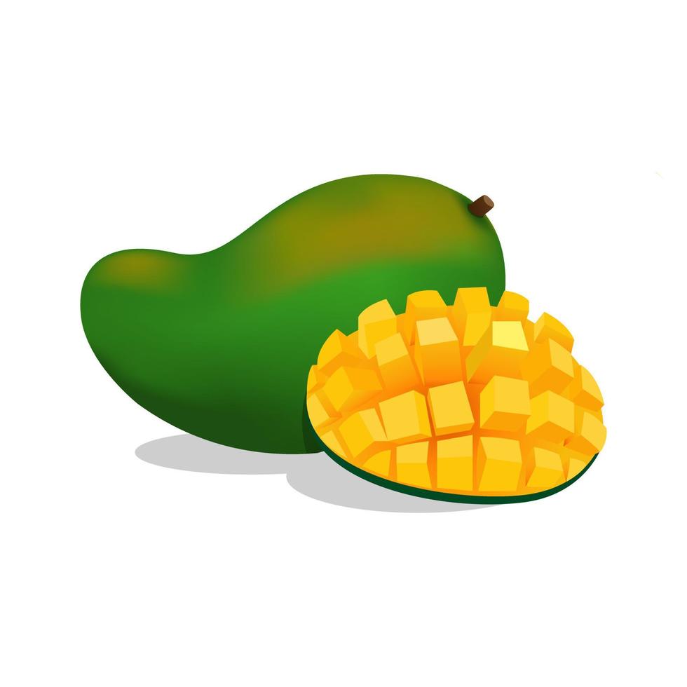 frisches scheiben-mango-fruchtkonzept im realistischen illustrationsvektor der karikatur auf weißem hintergrund vektor