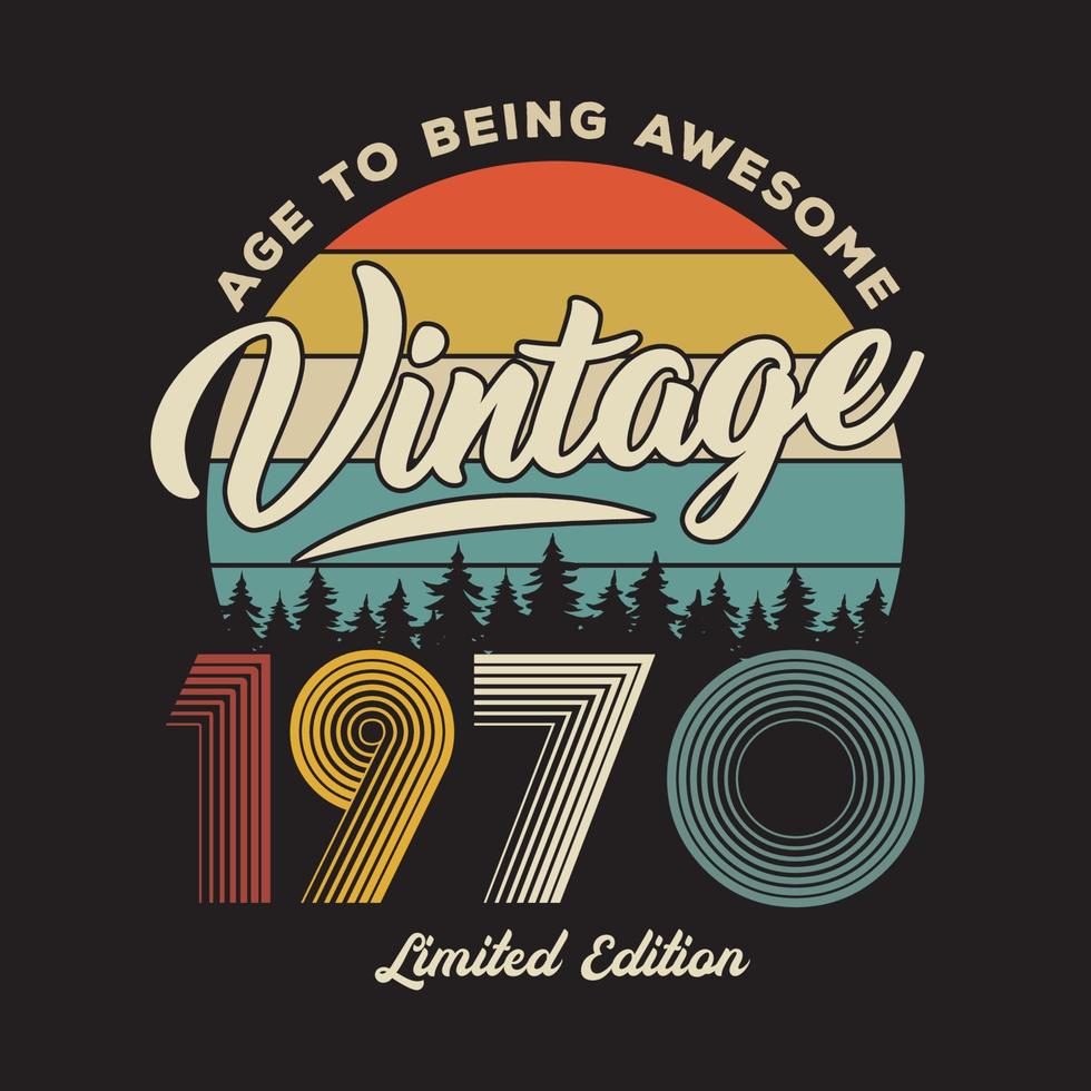 1970 vintage retro t-shirt design, vektor, svart bakgrund vektor