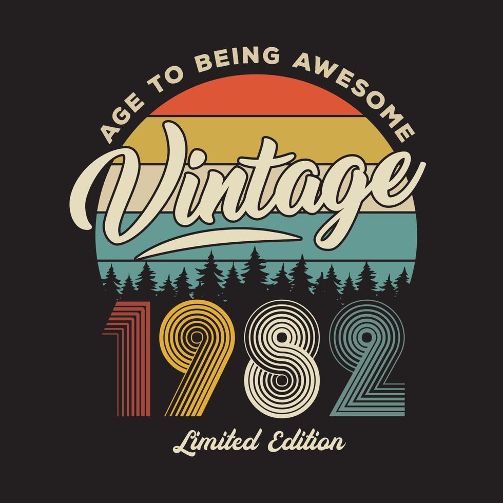1982 Vintage Retro-T-Shirt-Design, Vektor, schwarzer Hintergrund vektor