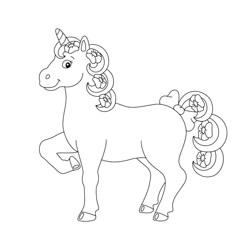 wunderschönes Einhorn mit Blumen in Schweif und Mähne. Malbuchseite für Kinder. Zeichentrickfigur. Vektor-Illustration isoliert auf weißem Hintergrund. vektor