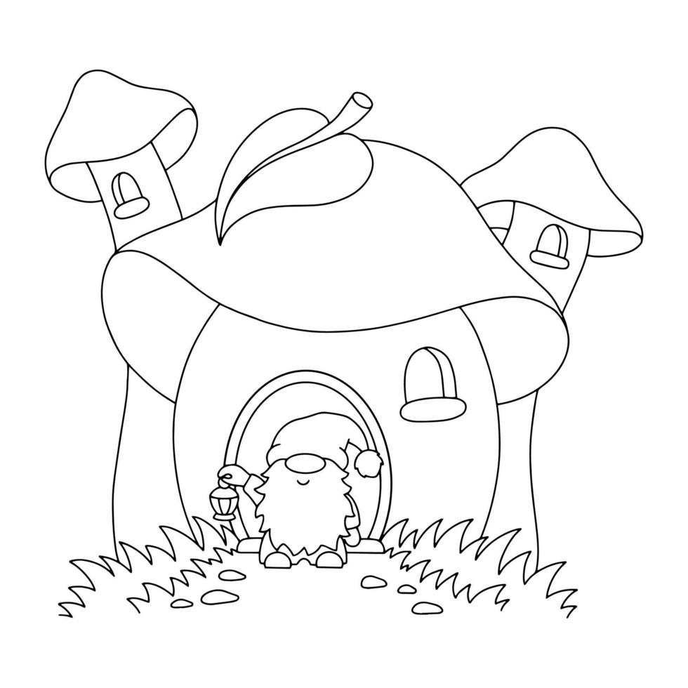 Malbuchseite für Kinder. Pilzhaus und Gartenzwerg. Zeichentrickfigur. Vektor-Illustration isoliert auf weißem Hintergrund. vektor