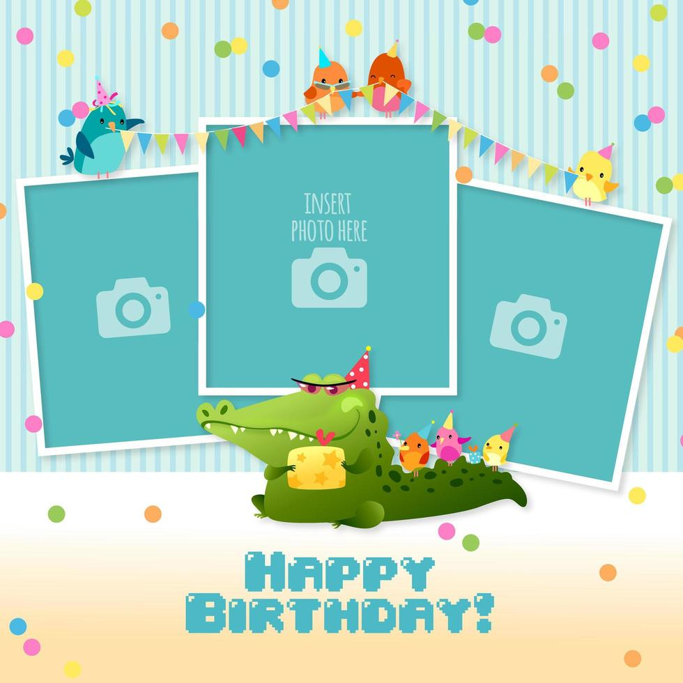 Alles- Gute zum Geburtstagcollagen-Schablone mit drei Foto-Rahmen-Kindern vektor