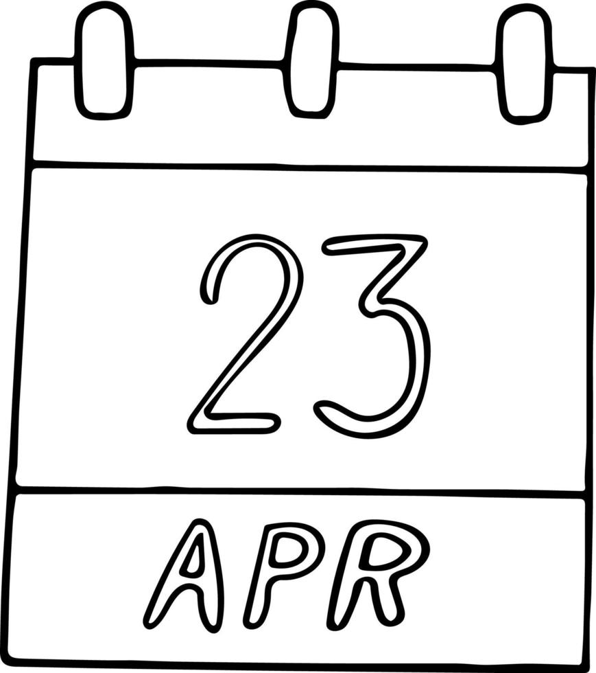 Kalenderhand im Doodle-Stil gezeichnet. 23. april. welttag des buches und des urheberrechts, englische sprache, datum. Symbol, Aufkleberelement für Design. Planung, Geschäft, Urlaub vektor
