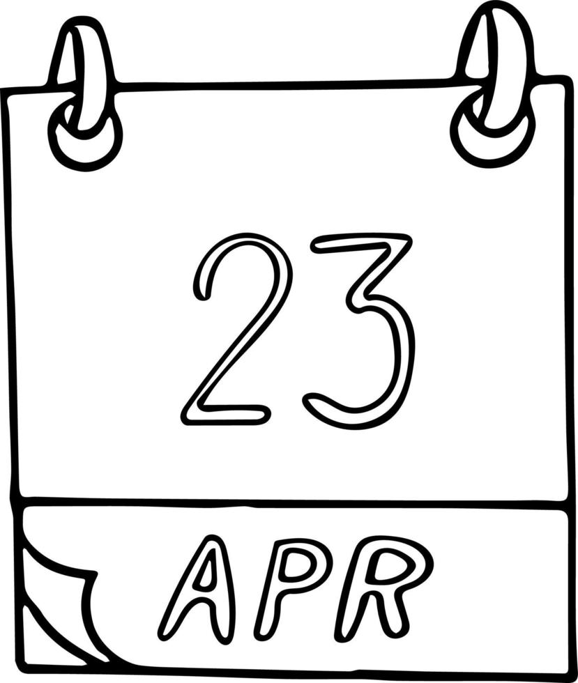 kalender hand dras i doodle stil. 23 april världsbok- och upphovsrättsdagen, engelska språket, datum. ikon, klistermärke element för design. planering, affärer, semester vektor