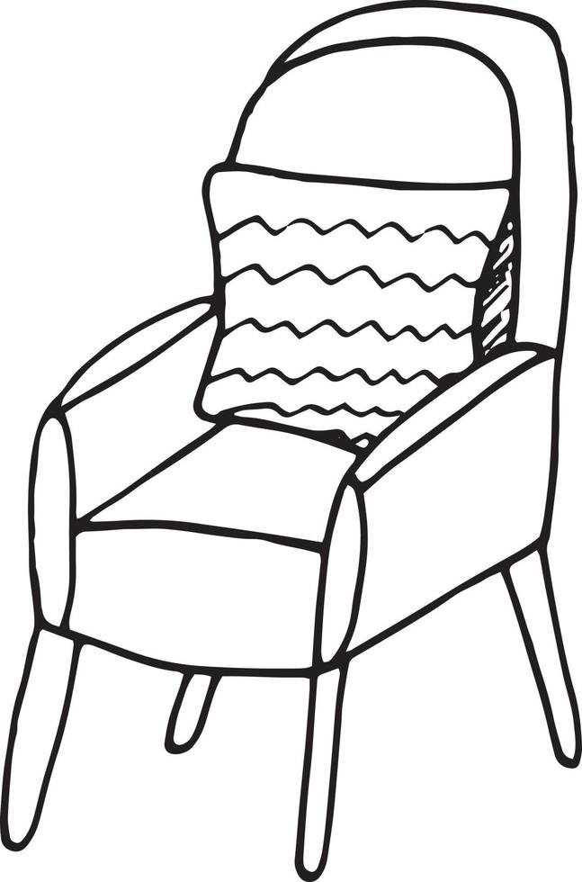 fåtölj med kudde handritad i doodle stil. enda element för designikon, klistermärke, affisch, kort. , skandinavisk, hygge, monokrom. möbler, inredning mysigt hem vektor