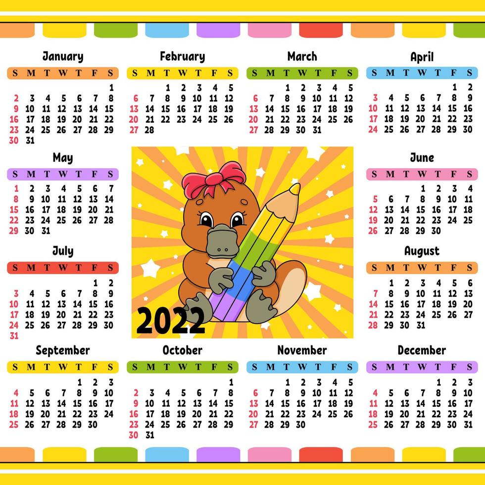 Kalender für 2022 mit einem süßen Charakter. Spaß und helles Design. isolierte Farbvektorillustration. Cartoon-Stil. vektor