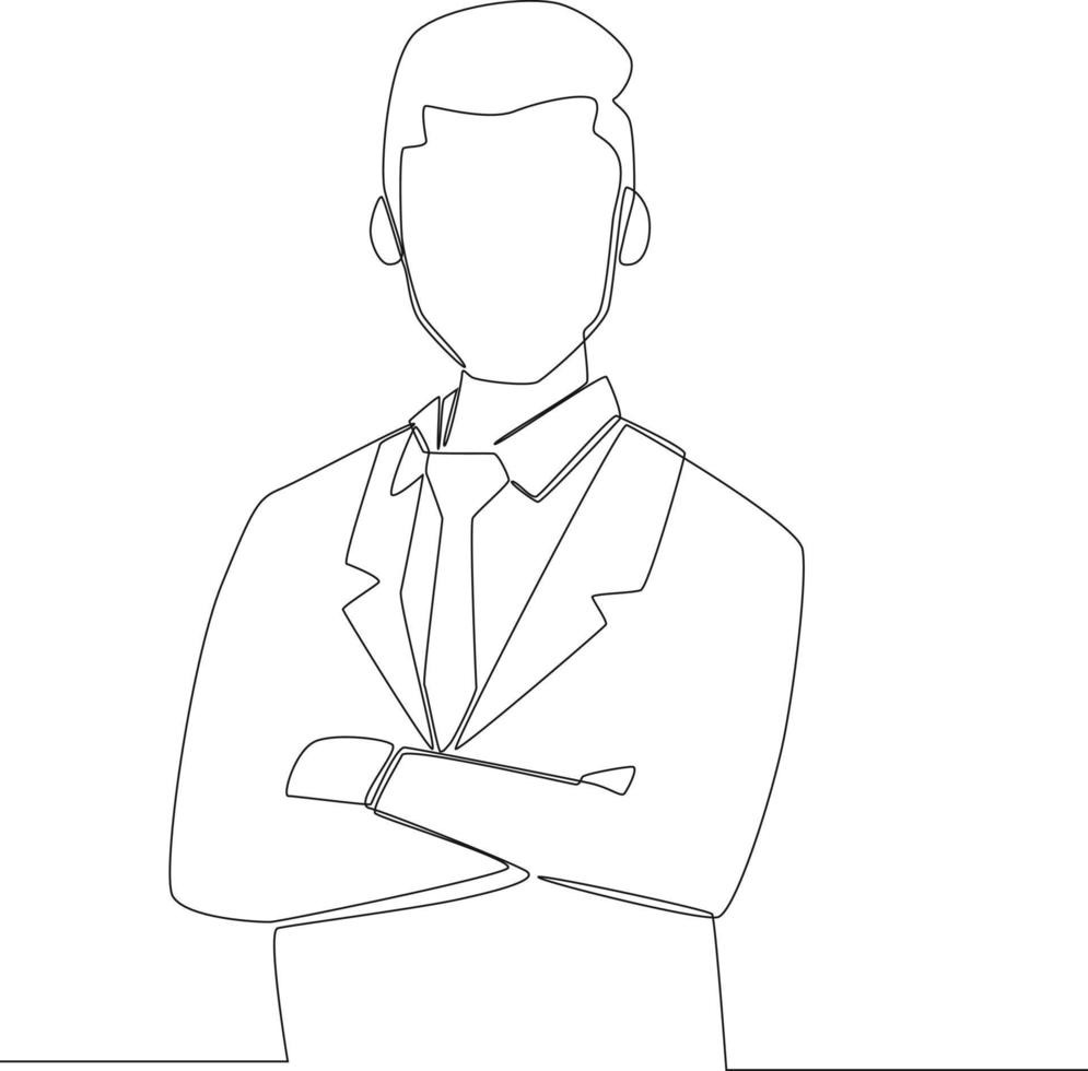 enkel kontinuerlig linje, självsäker affärsman bär formella kläder stående med armarna i kors bär vitt kontor. vektor illustration.