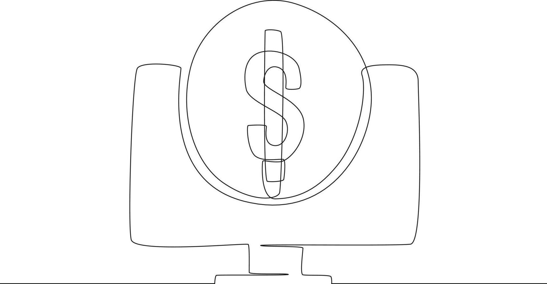 kontinuerlig linjeteckning av mynt i dollar på en bärbar dator. vektor illustration.
