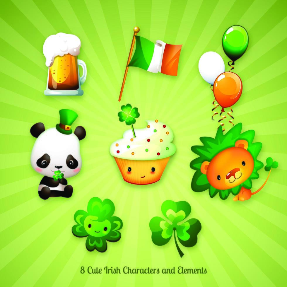 Åtta St. Patrick&#39;s Day irländska karaktärer och mönster vektor