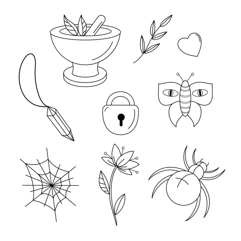 Kontur Schwarz-Weiß-Zeichensatz magischer Elemente. mörser und stößel, herz, gras, laub, schmetterling, amulett, spinnennetz, türschloss, blühende blume.vektorillustration. vektor