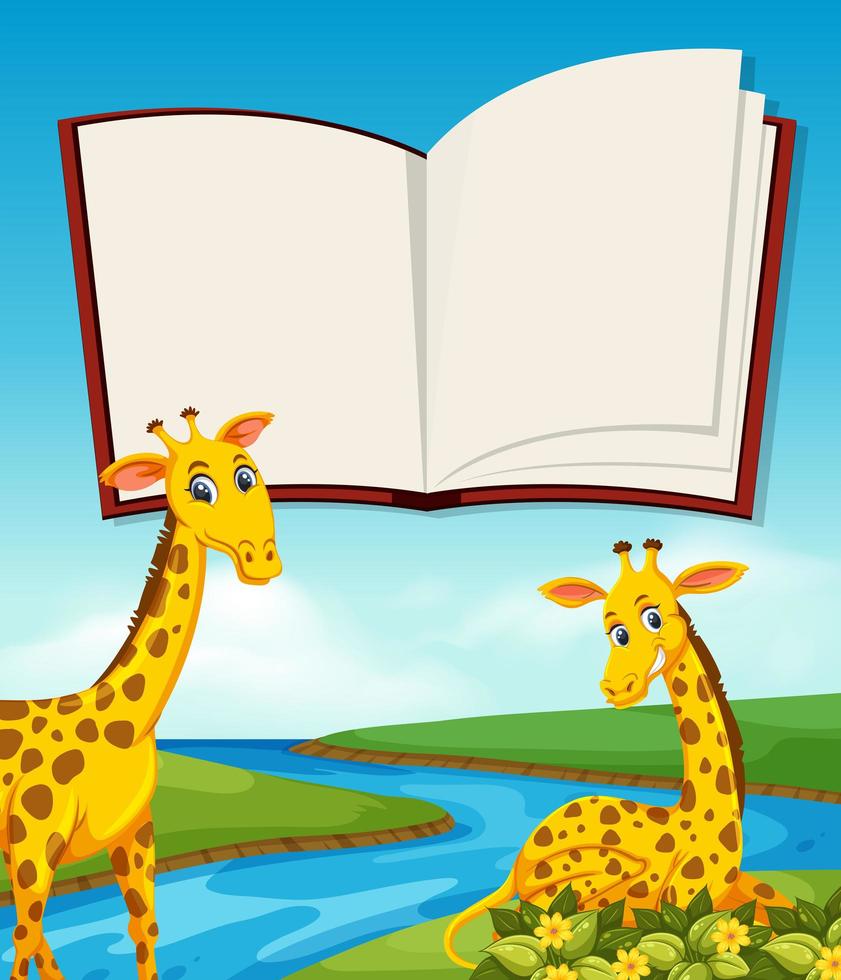 Giraffe nahe bei Fluss und leerem Buch vektor