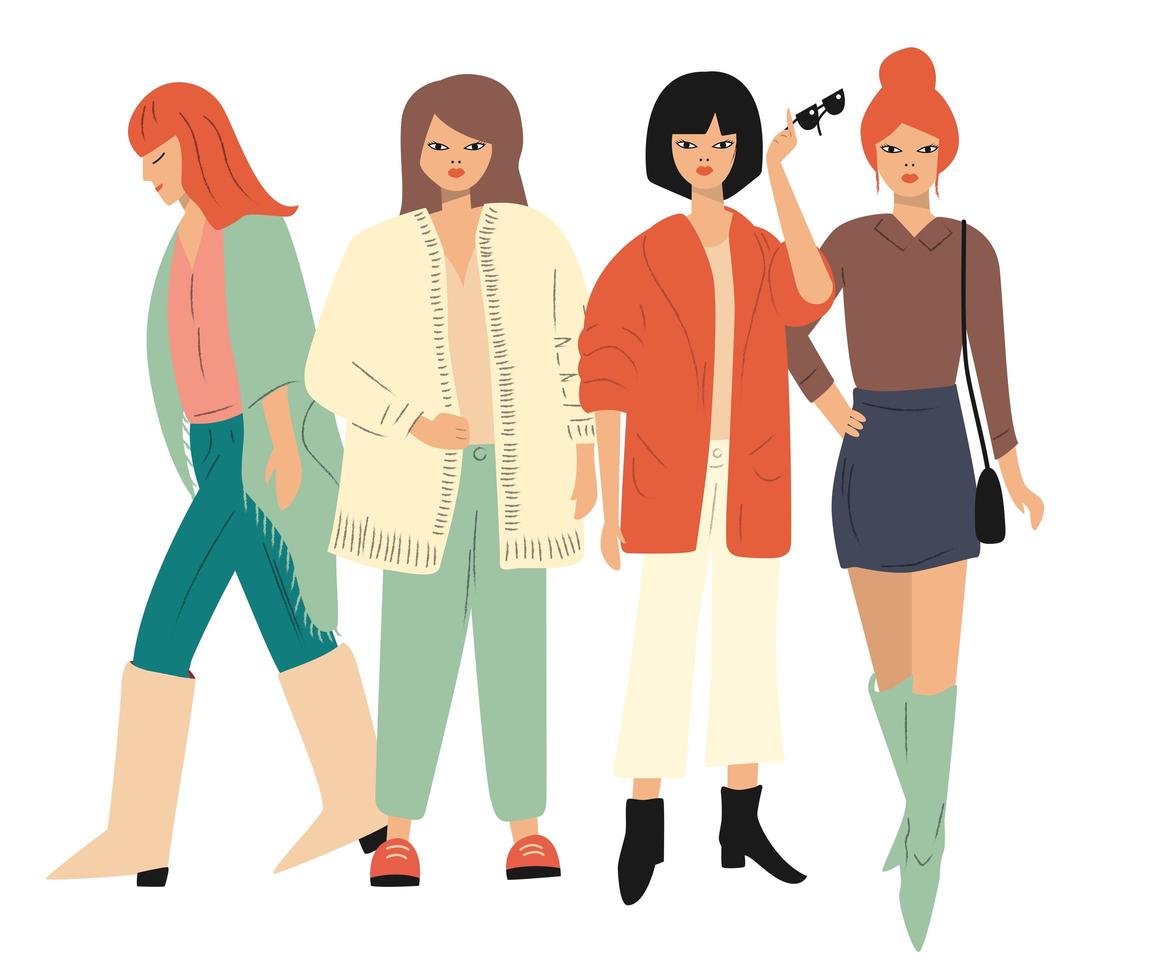 Vier junge Frauen in Herbstkleidung stehen und gehen vektor