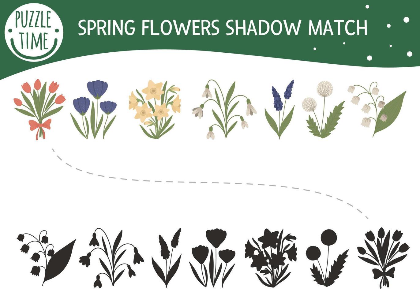 Schattenanpassungsaktivität für Kinder mit Frühlingsblumen. Puzzle zum Thema Vorschulgarten. süßes Blumen-Lernrätsel. Finden Sie das richtige Silhouettenspiel. vektor