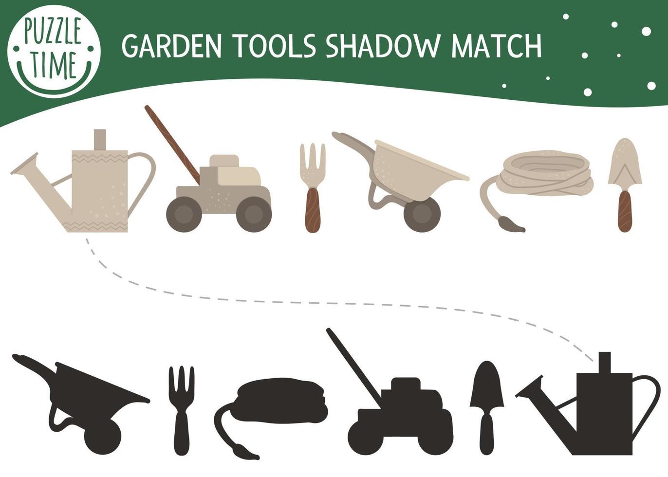 Schattenanpassungsaktivität für Kinder mit Gartengeräten. Vorschulpuzzle mit Gartengeräten. süßes Frühlings-Lernrätsel. Finden Sie das richtige Silhouettenspiel. vektor