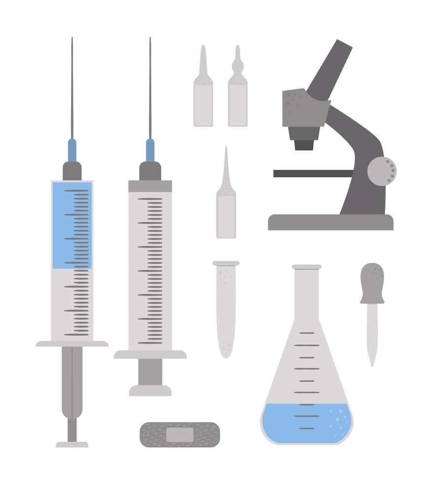 Satz flache medizinische Ikonen des Vektors. Laborforschungssammlung. Medizin-Gesundheitsausrüstung isoliert auf weißem Hintergrund. Einspritzung ClipArt vektor